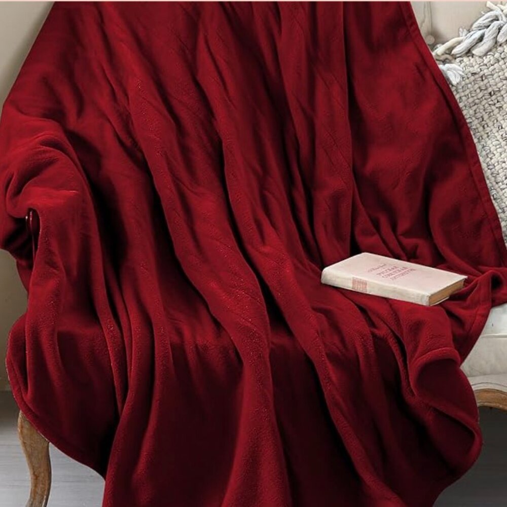 Plush Heated Electric Blanket Throw Red Burgundy Sunbeam